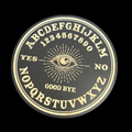 Ouija board design with letters, numbers, and symbols on a black background