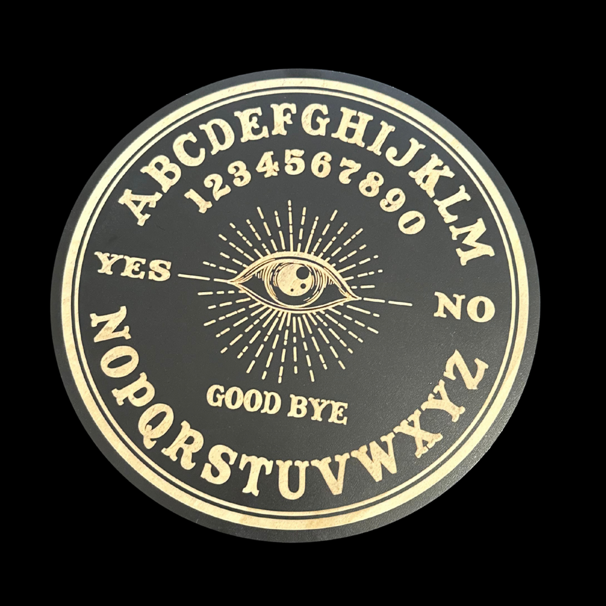 Ouija board design with letters, numbers, and symbols on a black background