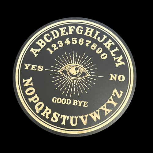 Ouija board design with letters, numbers, and symbols on a black background