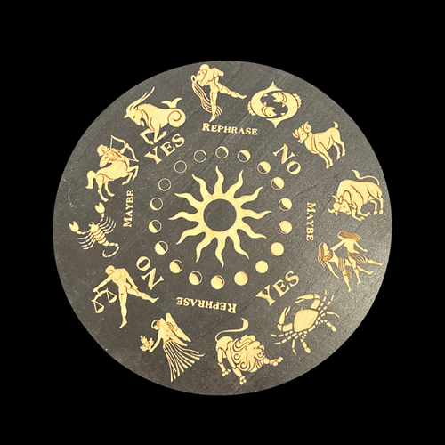 Answer board circular design with zodiac symbols and 'Yes', 'No', 'Maybe' text on a black background.