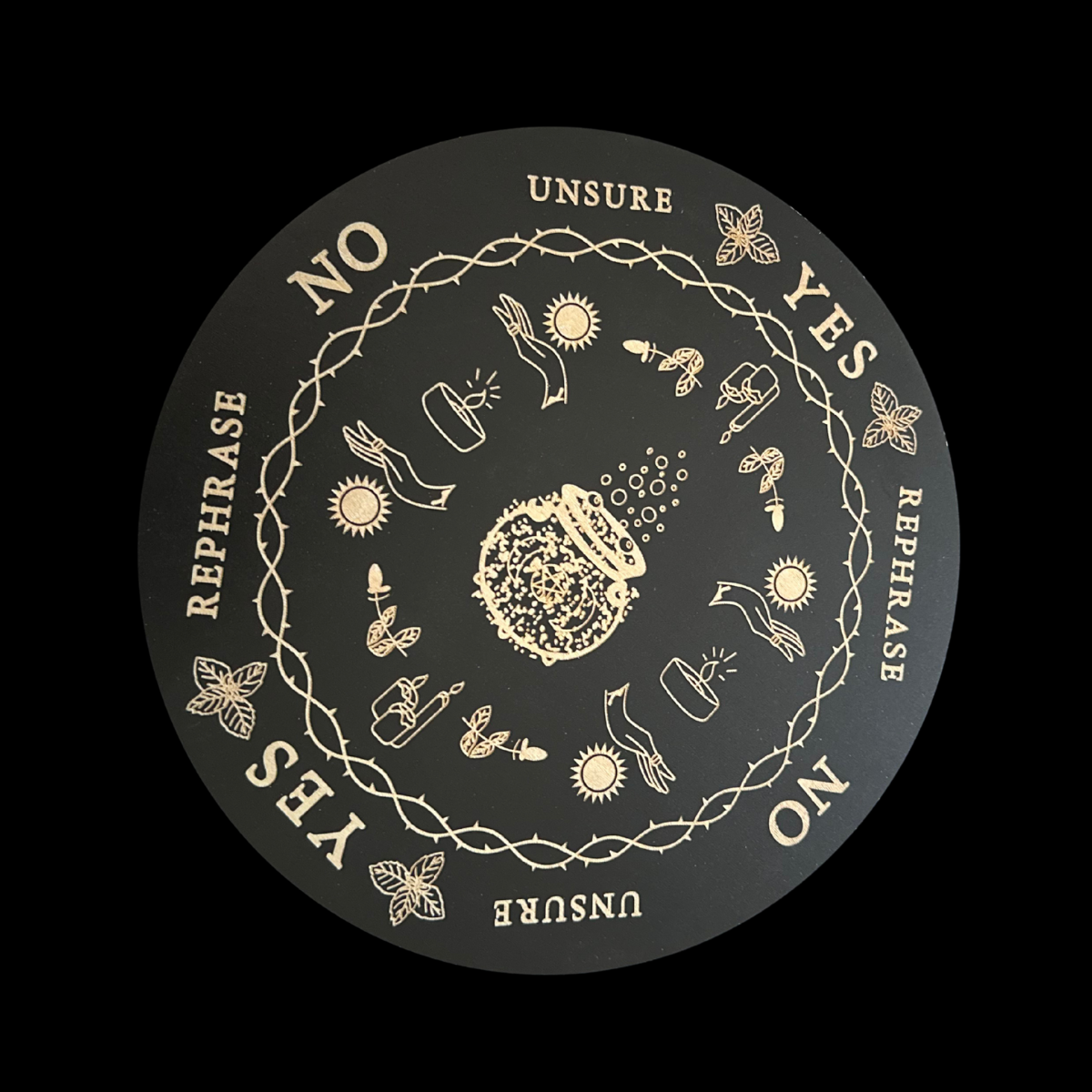 Decorative circular design with yes/no options and symbolic elements on a black background