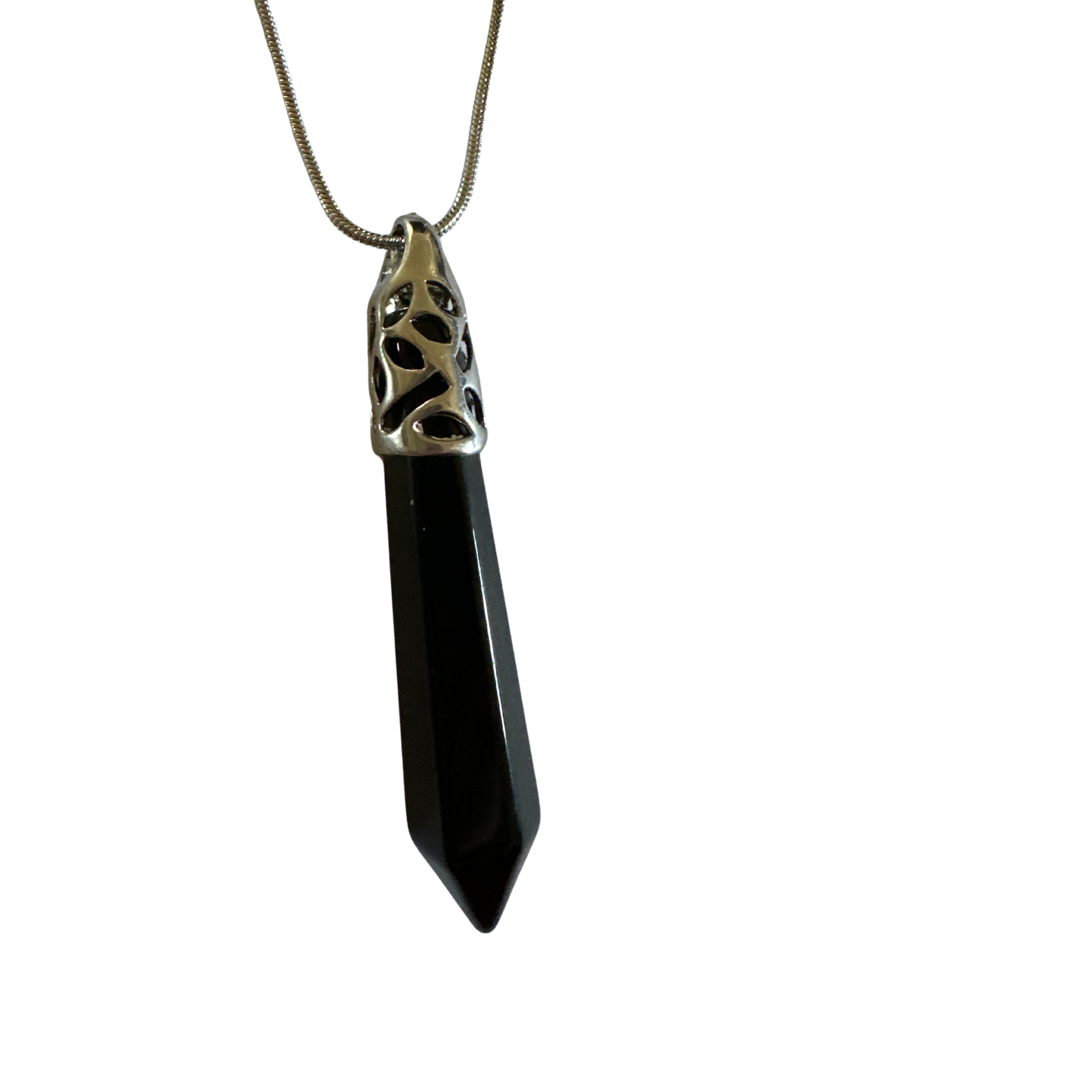 Black obsidian point pendant with ornate silver cap on a snake-chain necklace.