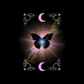 Butterfly silhouette with bright light behind, moon accents at top & bottom & corner boarders