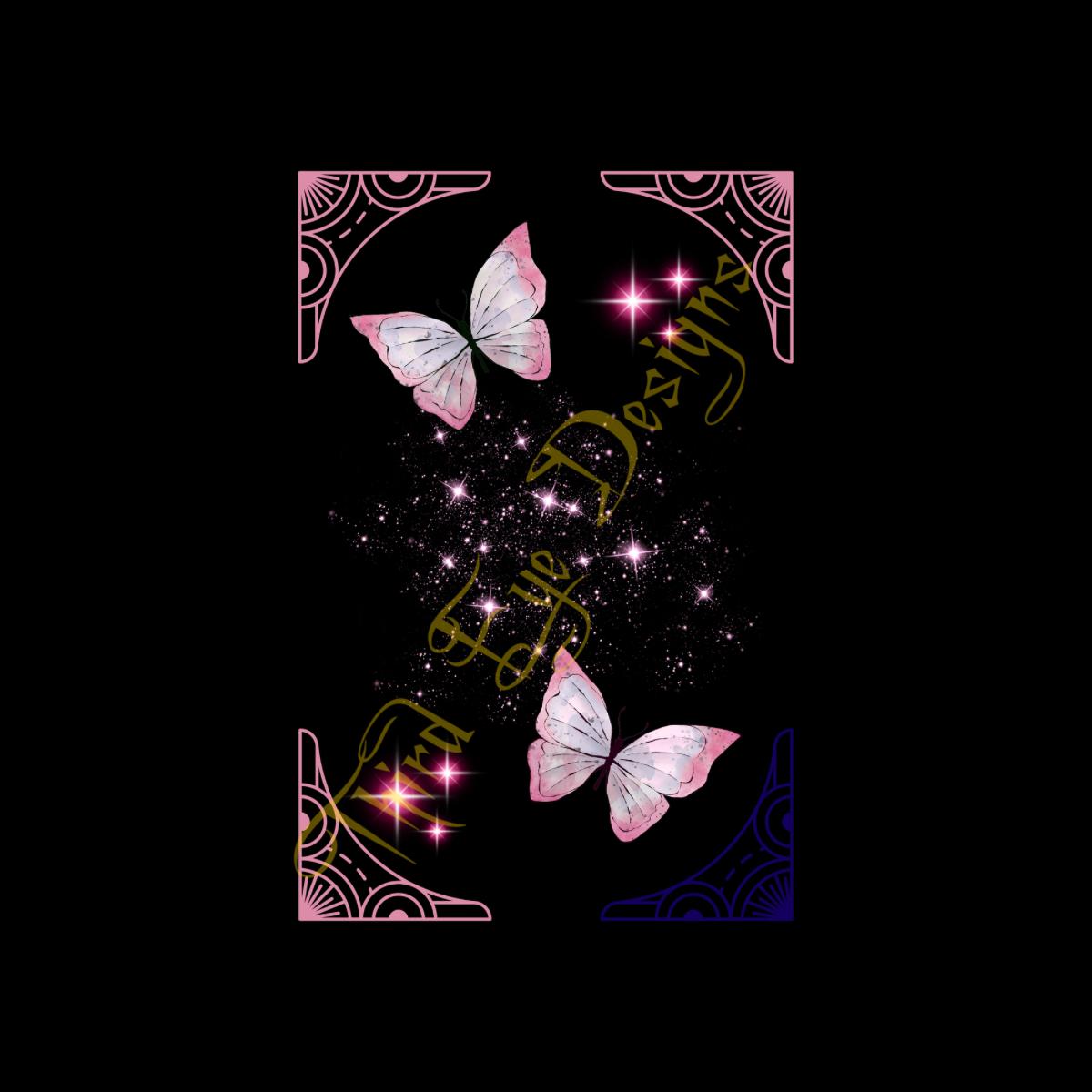 Decorative design with butterflies and sparkling elements on a black background, featuring the brand 'Lilyste Designs'.
