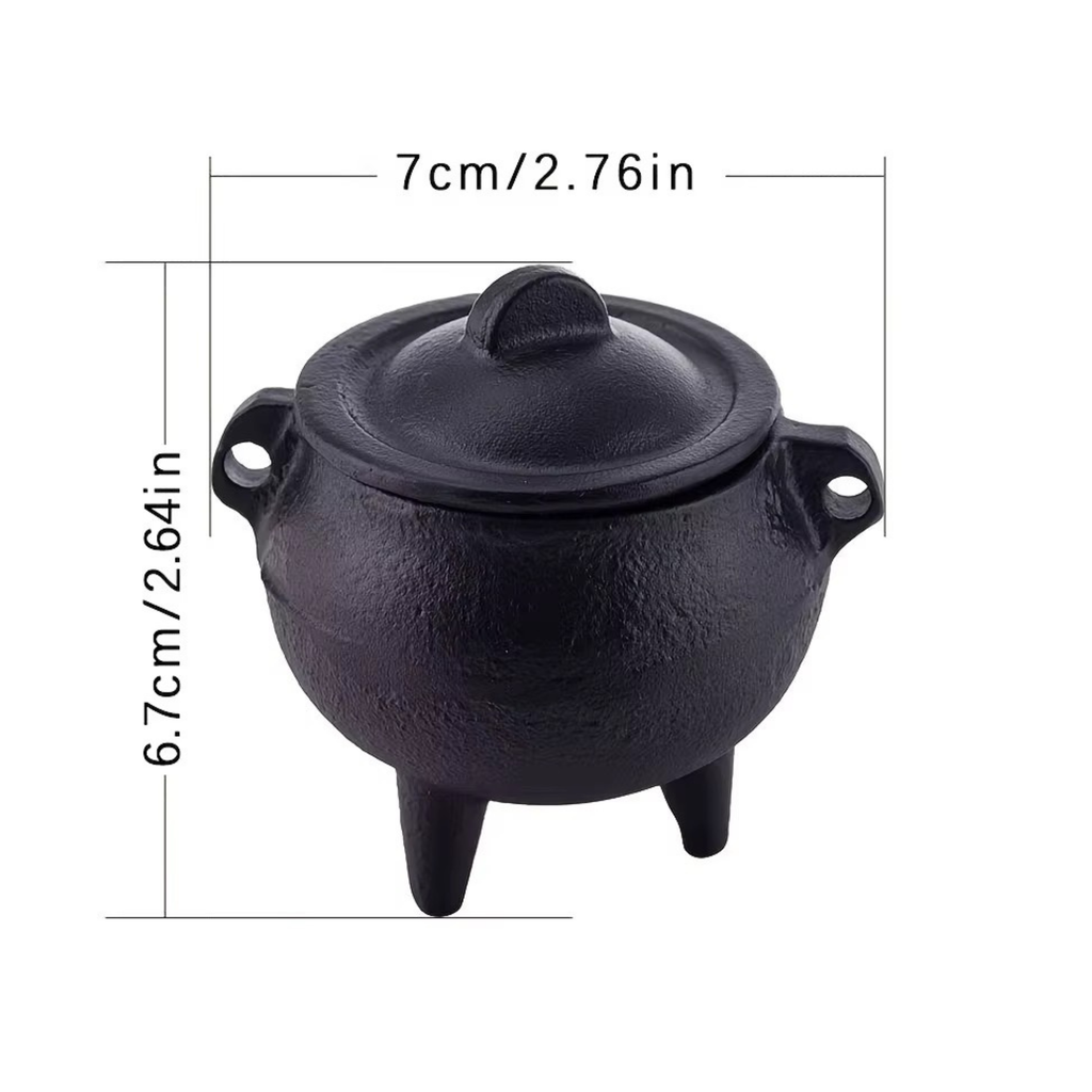 Black cast iron cauldron with lid, shown with dimension lines indicating a height of 6.7cm width 7 cm