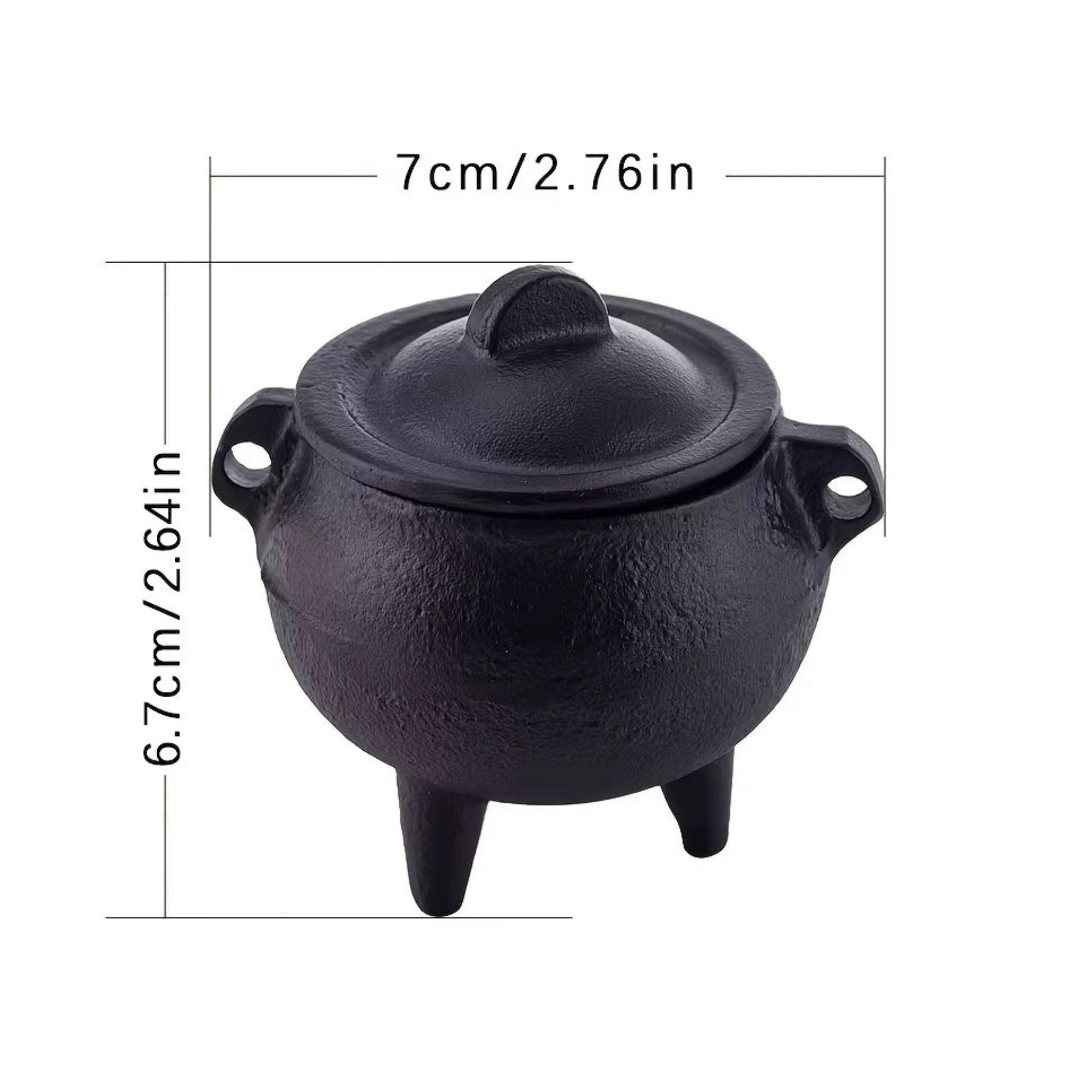 Black cast iron cauldron with lid, shown with dimension lines indicating a height of 6.7cm width 7 cm