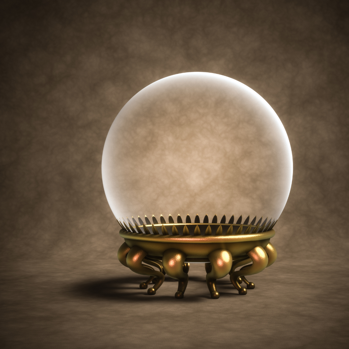Clear crystal ball on a bronzy colour elaborate metal stand