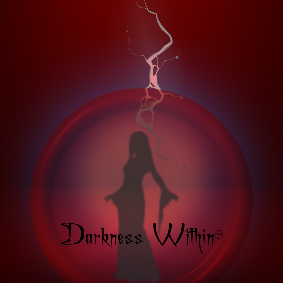 Silhouette of a woman against a red swirling storm behind her with lightning directed at her from the sky, with 'Darkness Within' text.