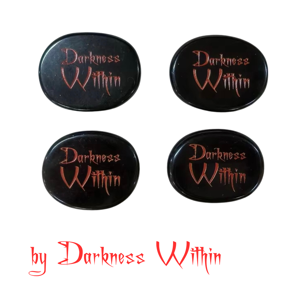 Four flat round black obsidian with 'Darkness Within' logo etched on one side of the rune. Element symbols on reverse side