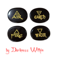 Four flat round black obsidian runes with one of the 4 element etched in gold colour on each rune. 'AIR', 'EARTH', 'FIRE', and 'WATER'.