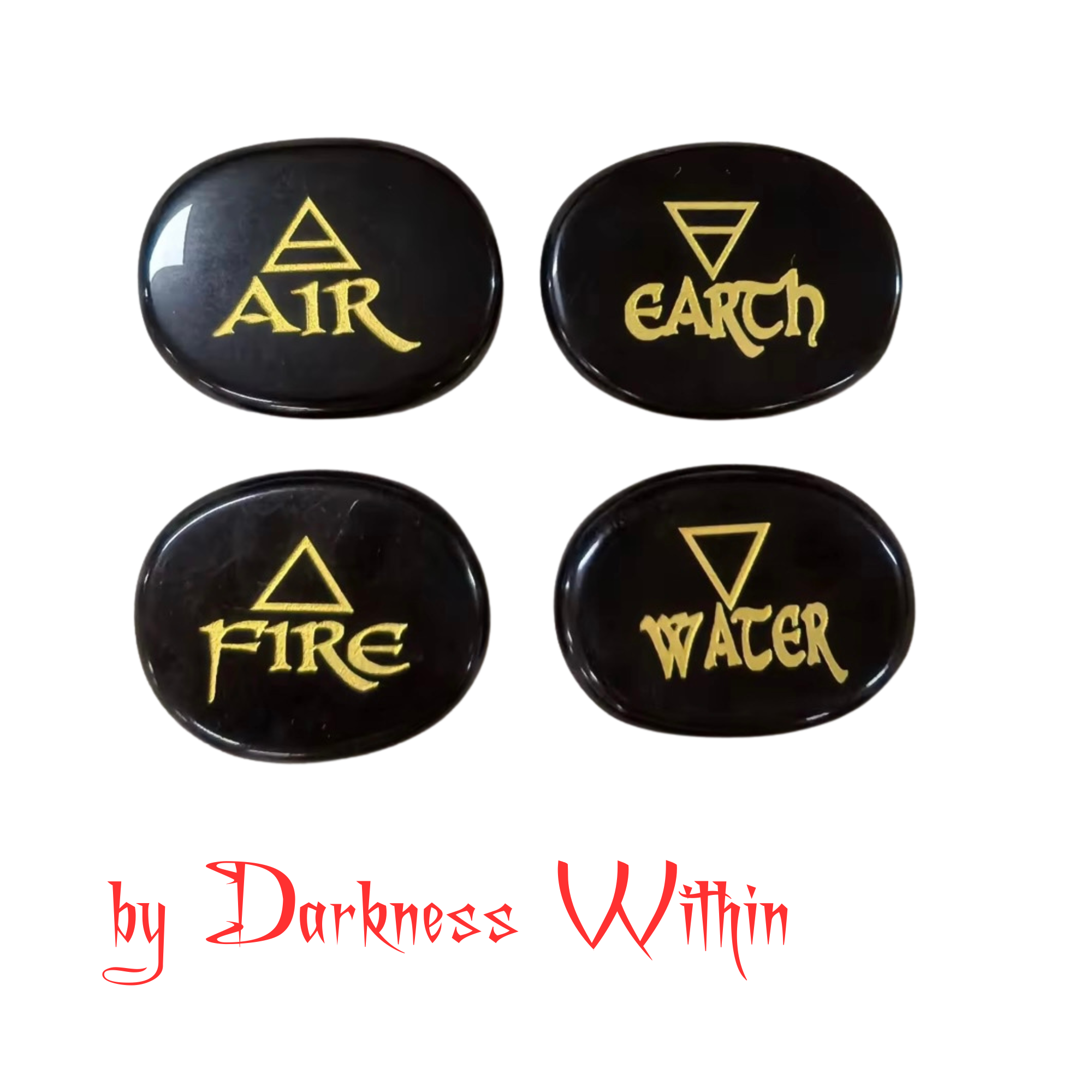 Four flat round black obsidian runes with one of the 4 element etched in gold colour on each rune. 'AIR', 'EARTH', 'FIRE', and 'WATER'.