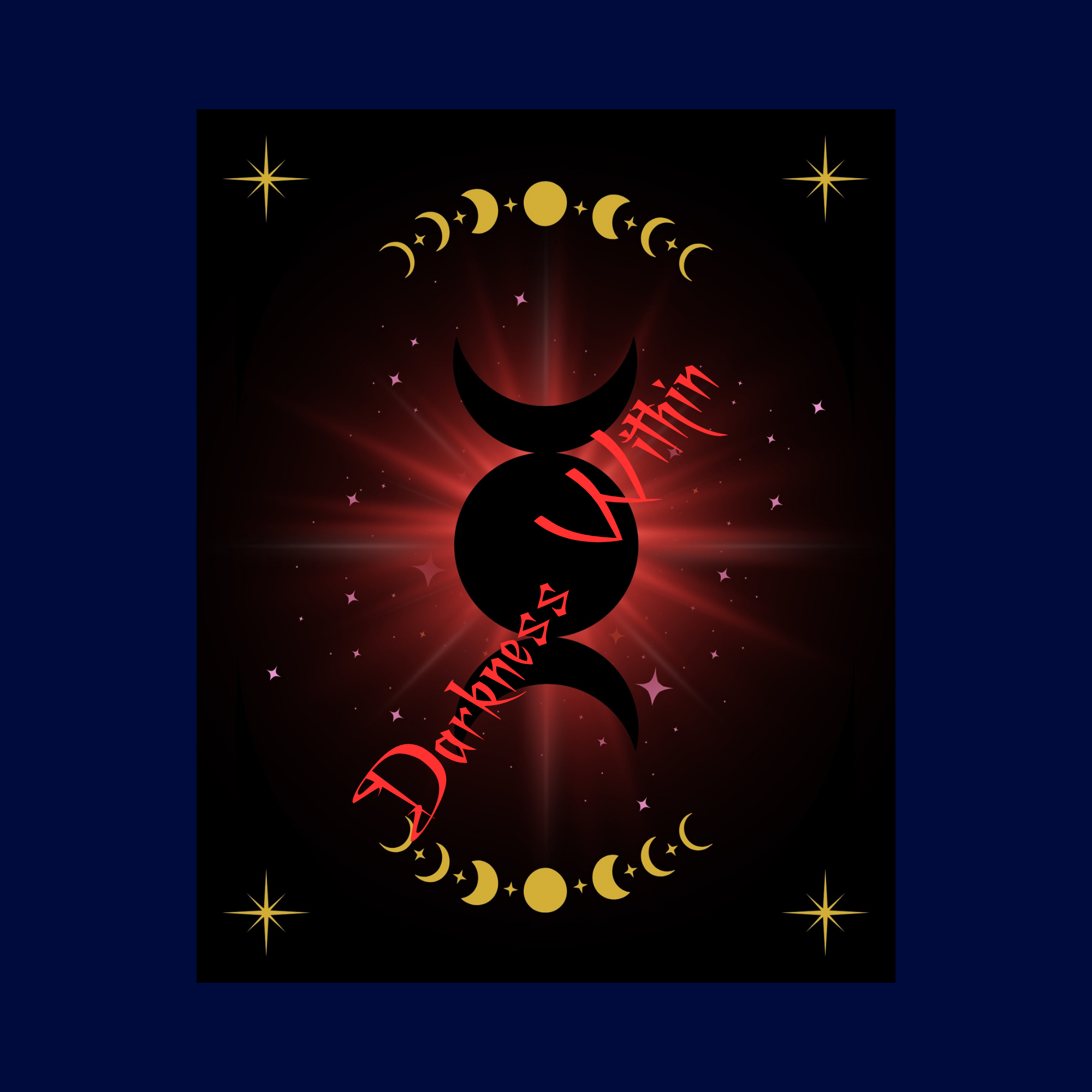 Dark poster with 'Darkness Within'  watermark and moon phases silhouette with glowing lion behind 