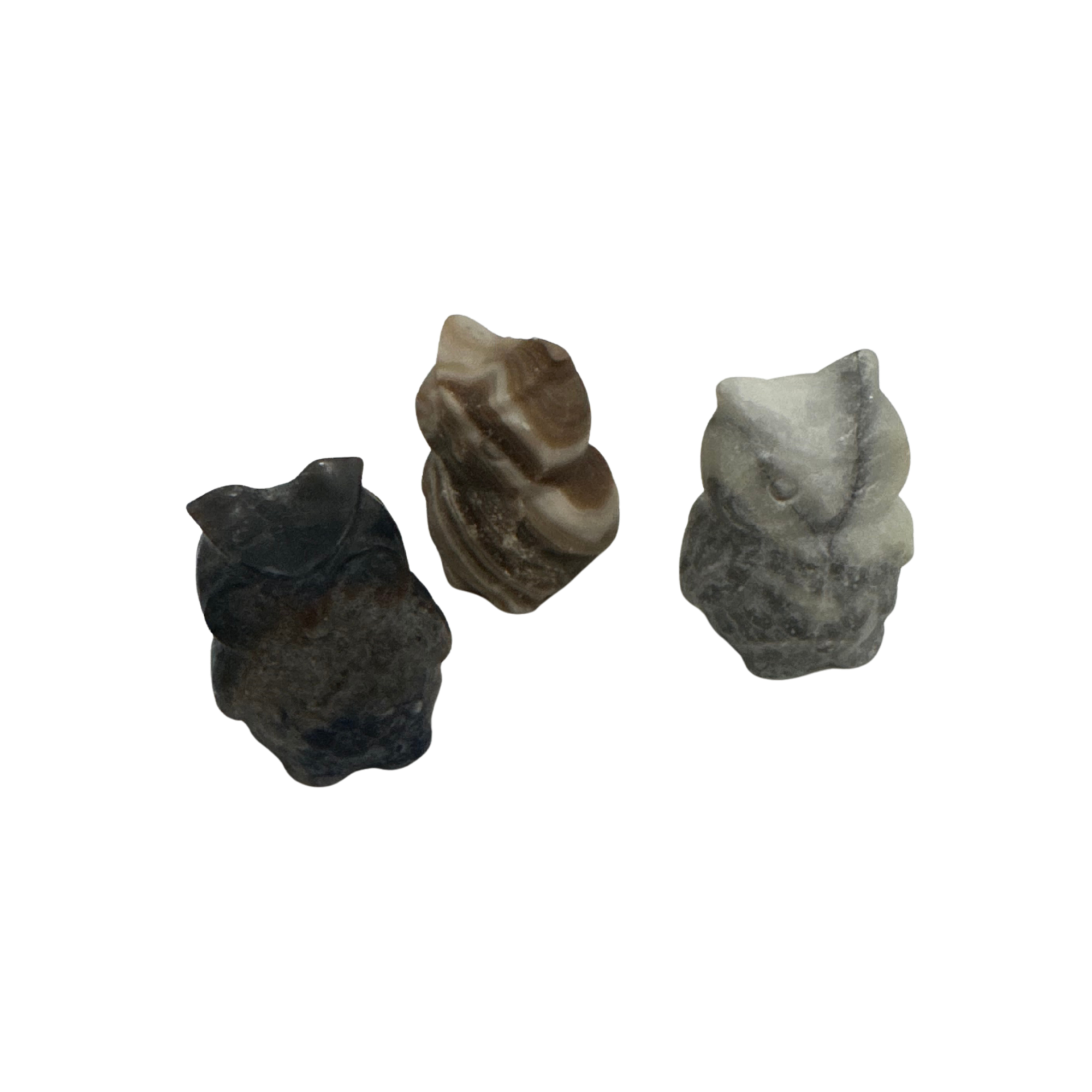 Mini Crystal Owl figures carved from assorted crystals in black, brown, and gray.