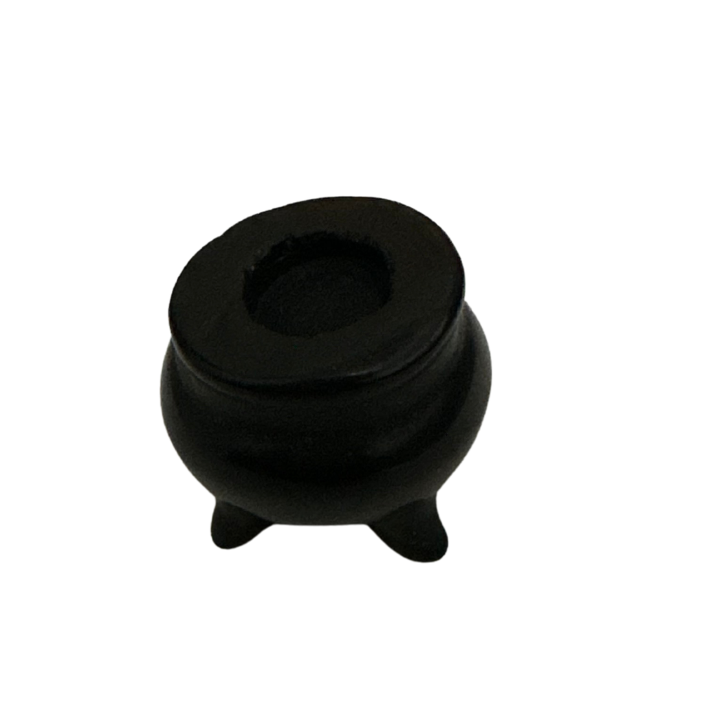 Black Crystal Mini Cauldron Figurine, a small glossy black cauldron sculpture.