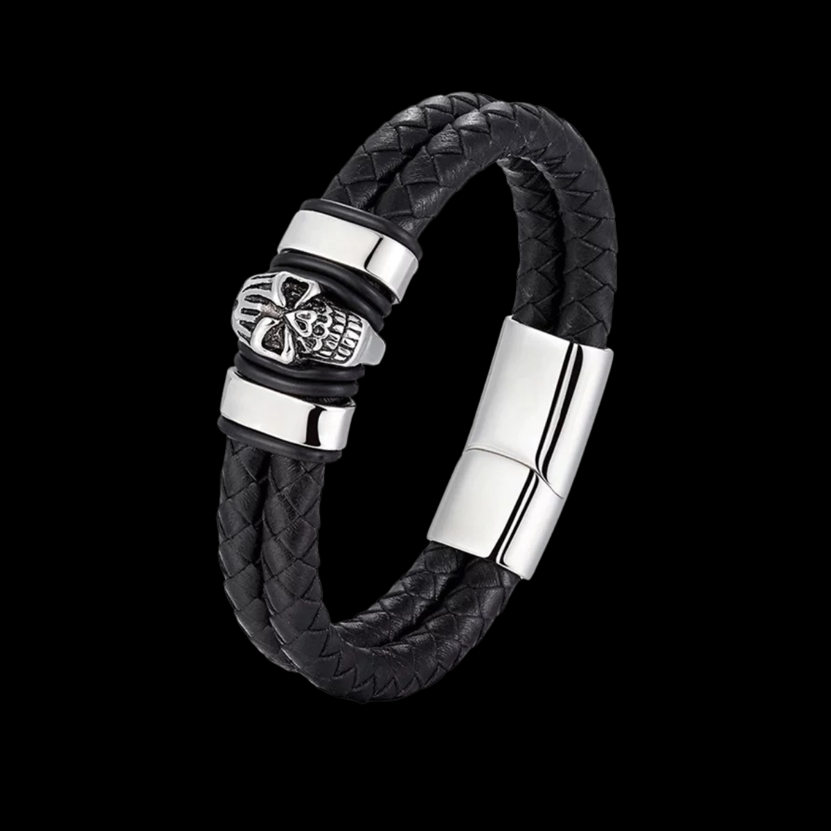 Black leather skull wrist cuff bracelet with silver clasp on a black background