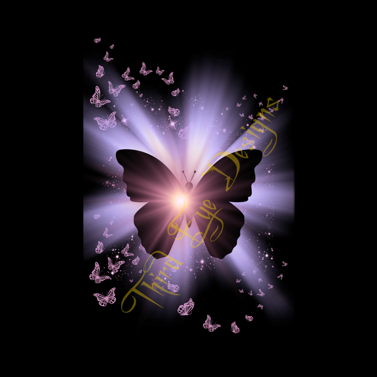 Butterfly design with glowing center and 'Third Eye Designs' text on a black background