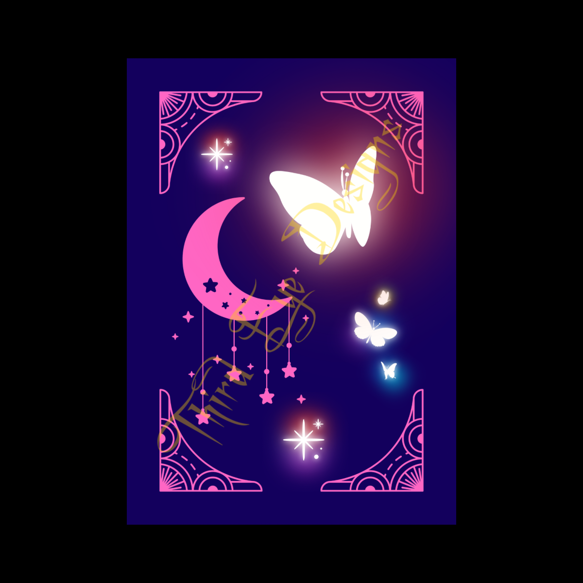 Decorative design with butterflies, moon, and stars on a dark background