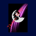 Design with a woman's face on a crescent moon, surrounded by purple light  on a dark blue background.