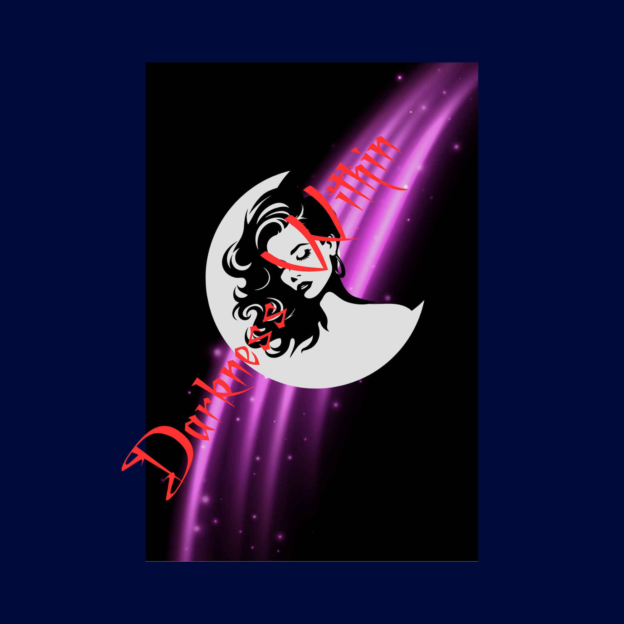 Design with a woman's face on a crescent moon, surrounded by purple light  on a dark blue background.