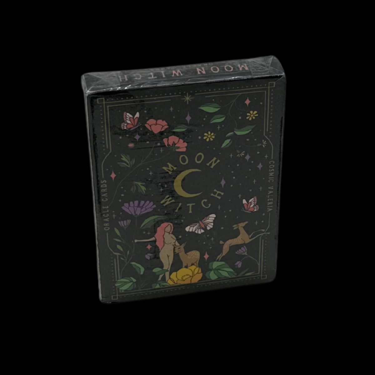 Tarot Card deck packaging with 'Moon Witch' branding and nature-themed design on a black background