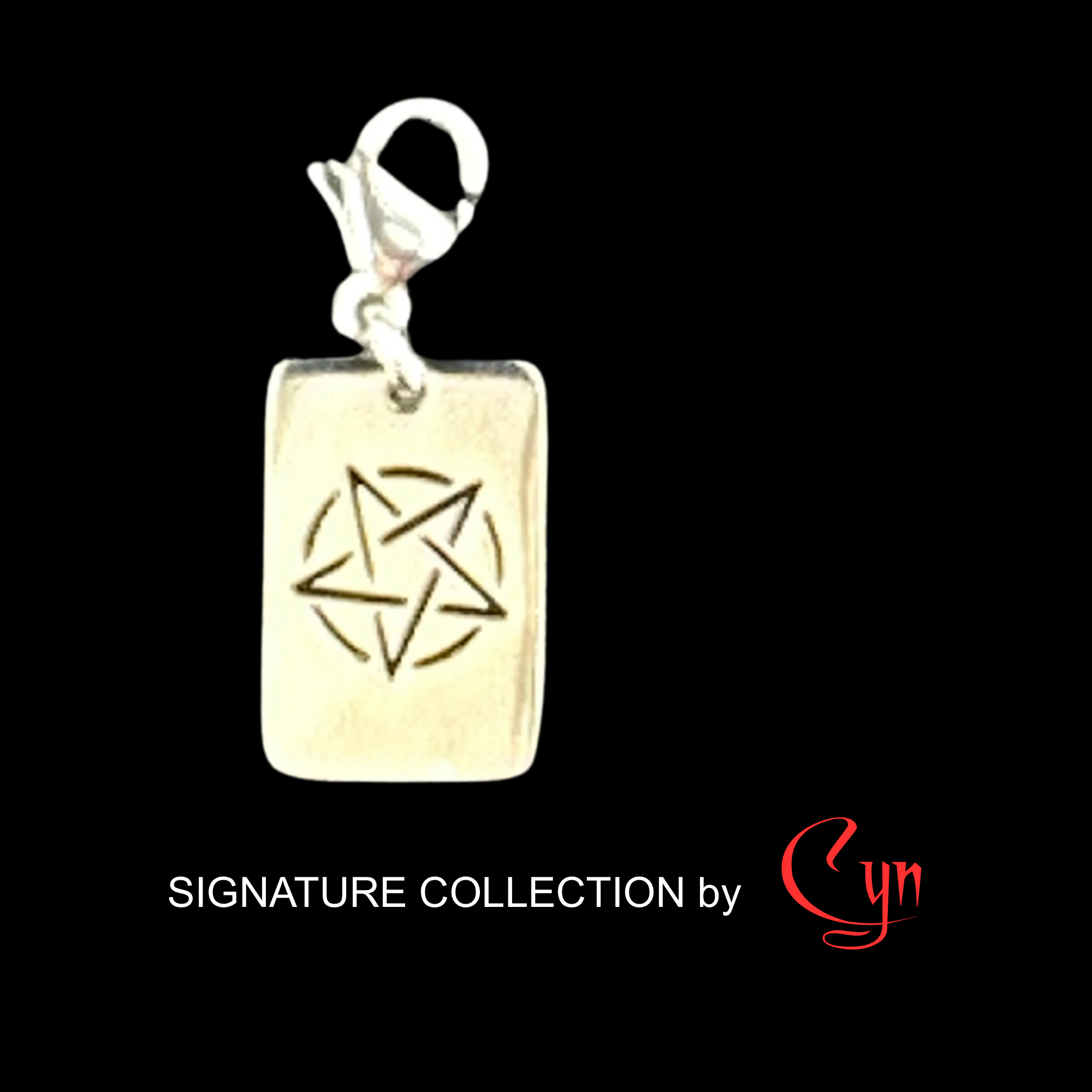 Silver stainless steel rectangular tag featuring a cut out design of a inverted pentagram, with a lobster clasp.   on a black background, featuring 'Signature Collection by Cyn'.