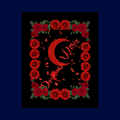 Decorative design with red roses and a red moon and crescent moon symbol on a black background.