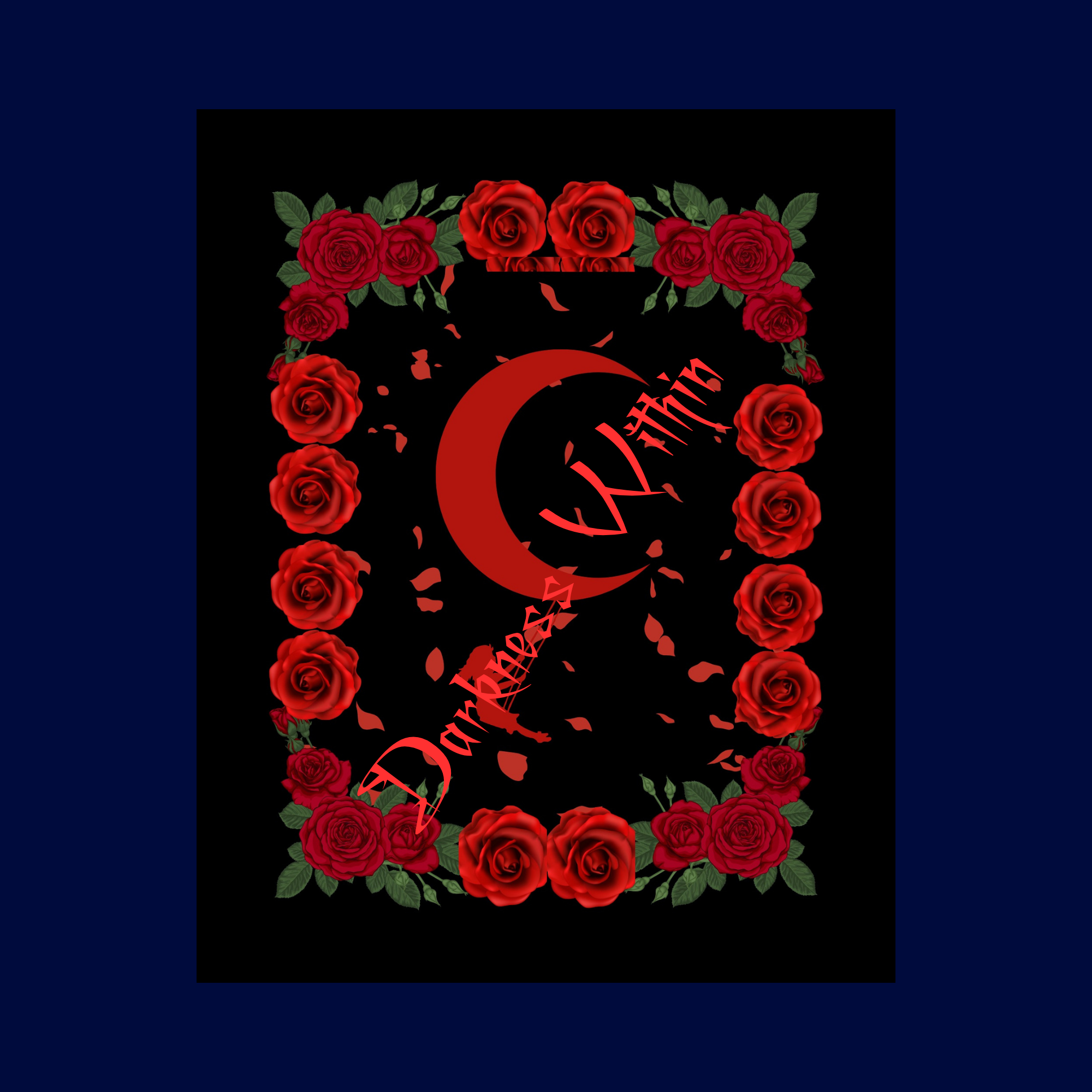Decorative design with red roses and a red moon and crescent moon symbol on a black background.