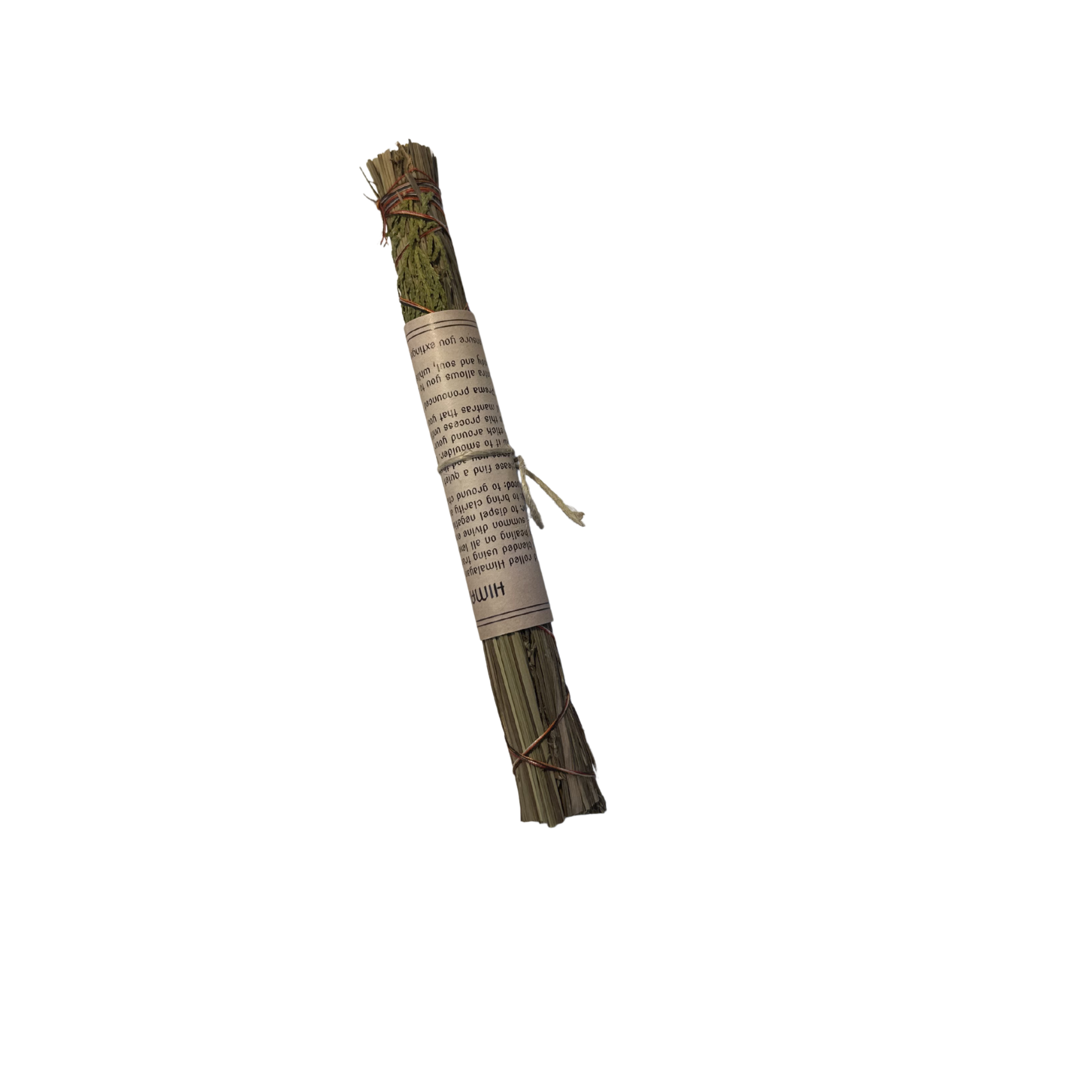 Rolled sage smudge stick with paper instructions wrapping on a white background