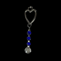 Skull shaped clear crystal hanging with blue and clear beads on a black background