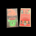 Stranger Things Tarot Deck packaging featuring eerie forest art and neon title on the front, back shows card previews.