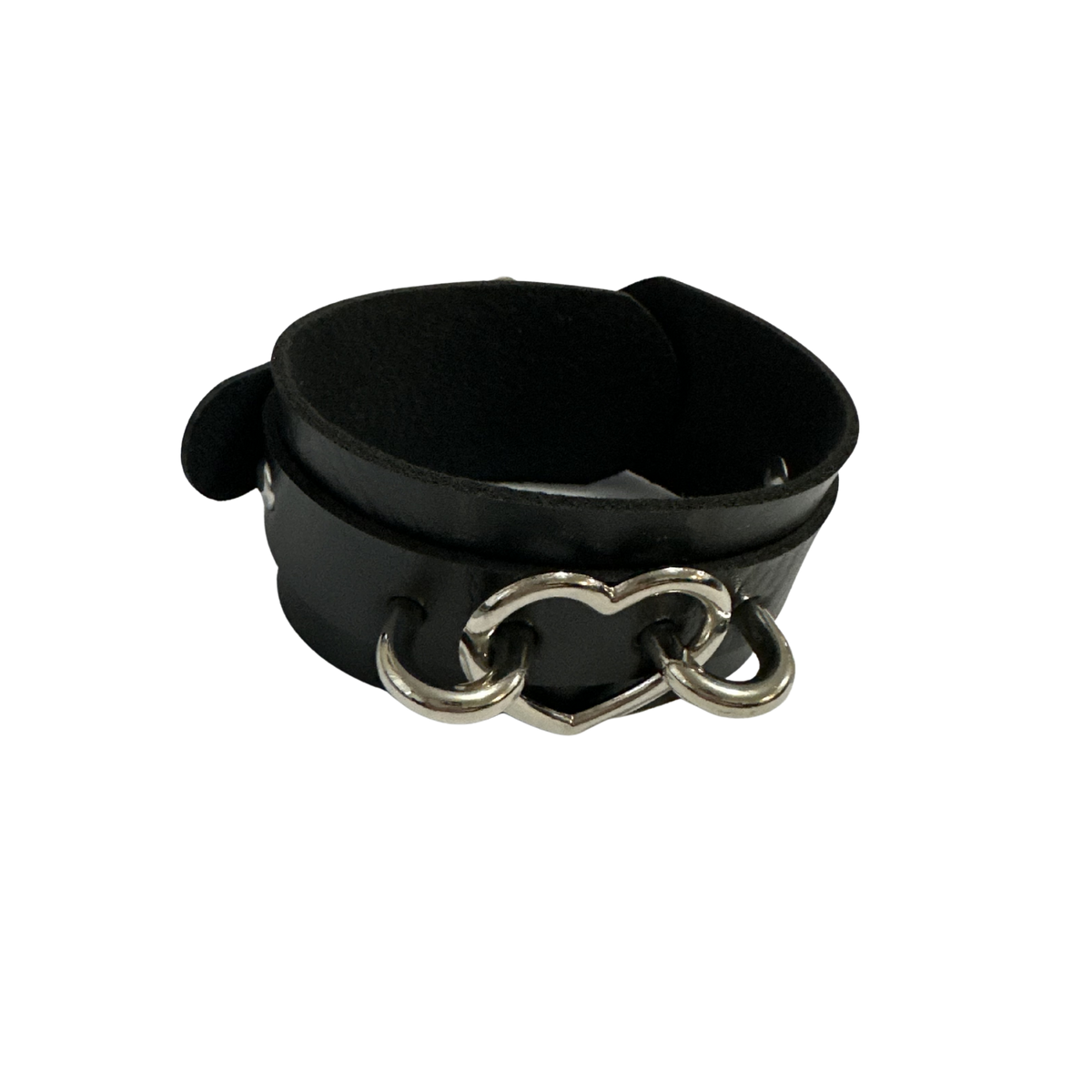 A black pu leather wrist cuff with a silver metal heart-shaped ring shown on a plain white background.