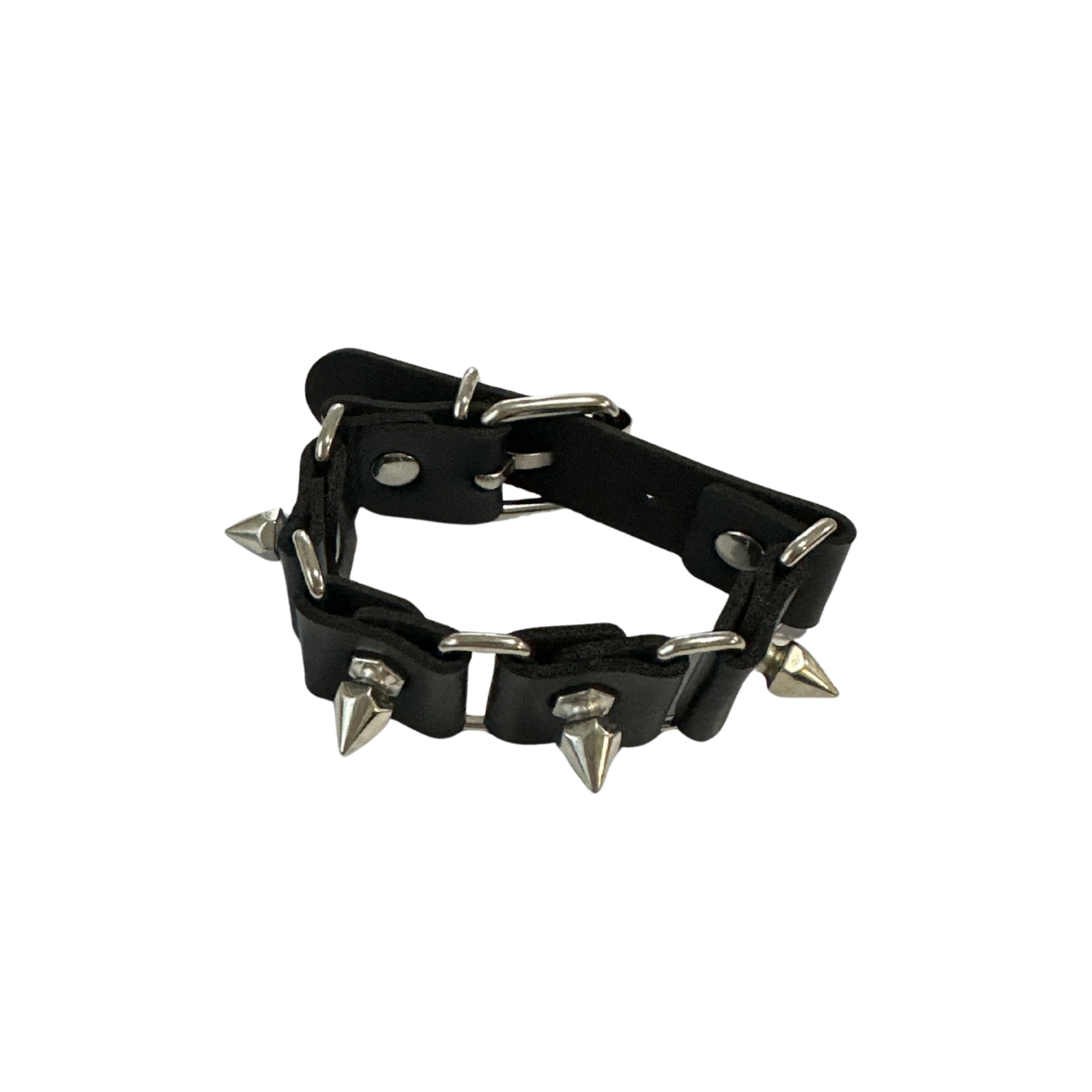 A black pu leather spiked collar with silver-toned metal spikes and rivets, displayed on a clean white background.