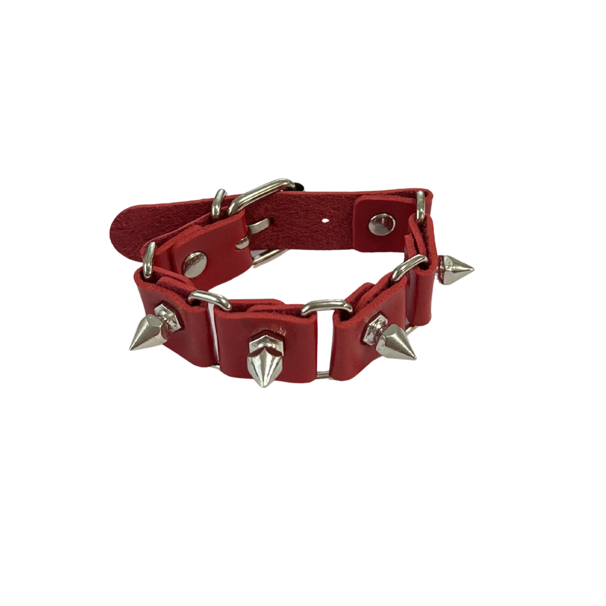 A red pu leather spiked collar with silver-tone metal hardware, including spikes, rings, and a buckle, shown on a plain white background.